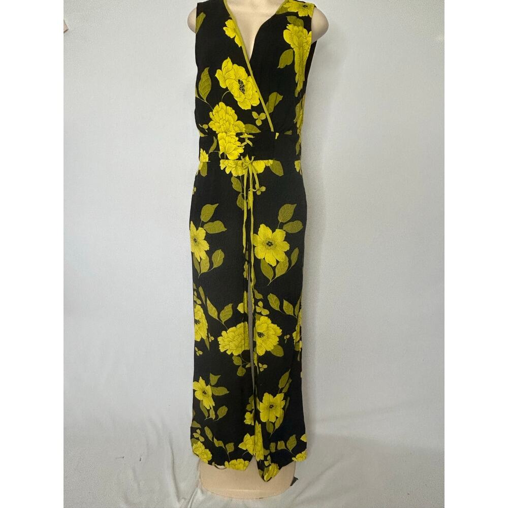 Eva Mendes NY&C Size 8 Floral Wide Leg Jumpsuit Black Yellow Pockets - Picture 7 of 14